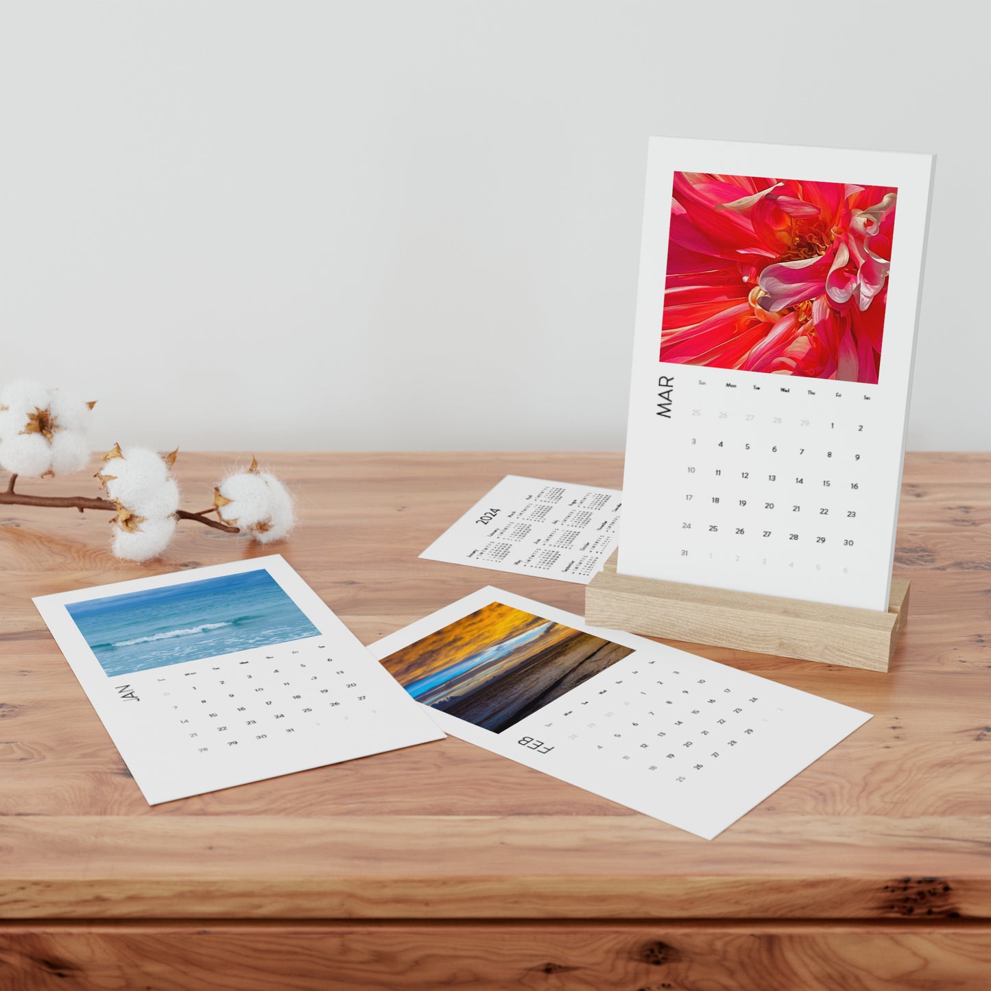 Beautiful Sky & Flora Vertical Desk Calendar (2024) 2024 Vertical Desk Calendar Eco-friendly Vertical Photo Desk Calendar With Oak Stand