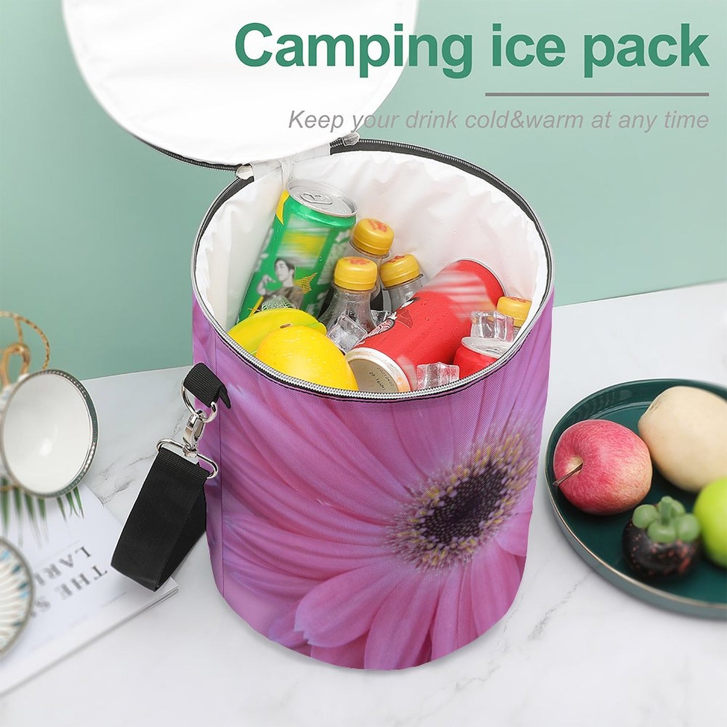 Round Pink Gerber Daisy Collapsible Insulated Cooler Bag with Shoulder Strap