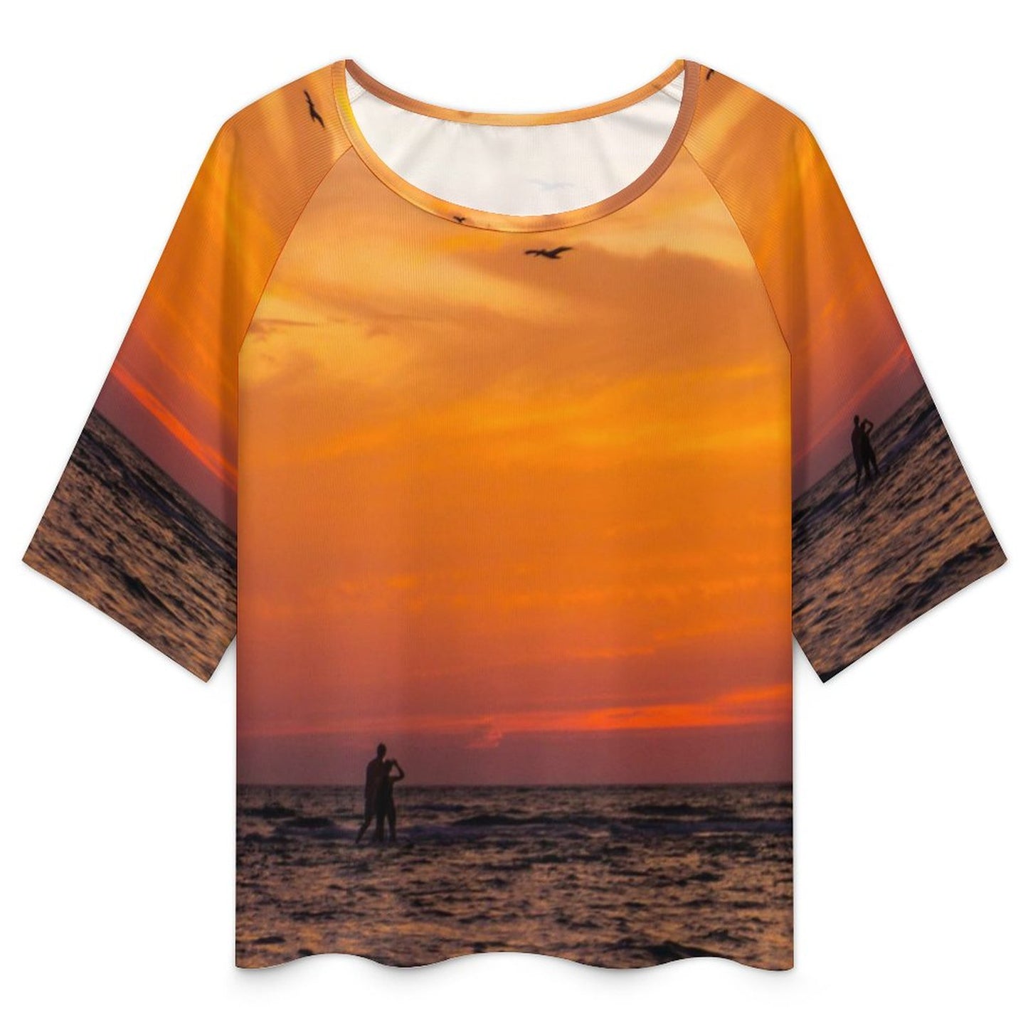 Off The Shoulder Ocean Inspired Loose-Fit 3/4 Sleeve Boat Neck T-Shirt