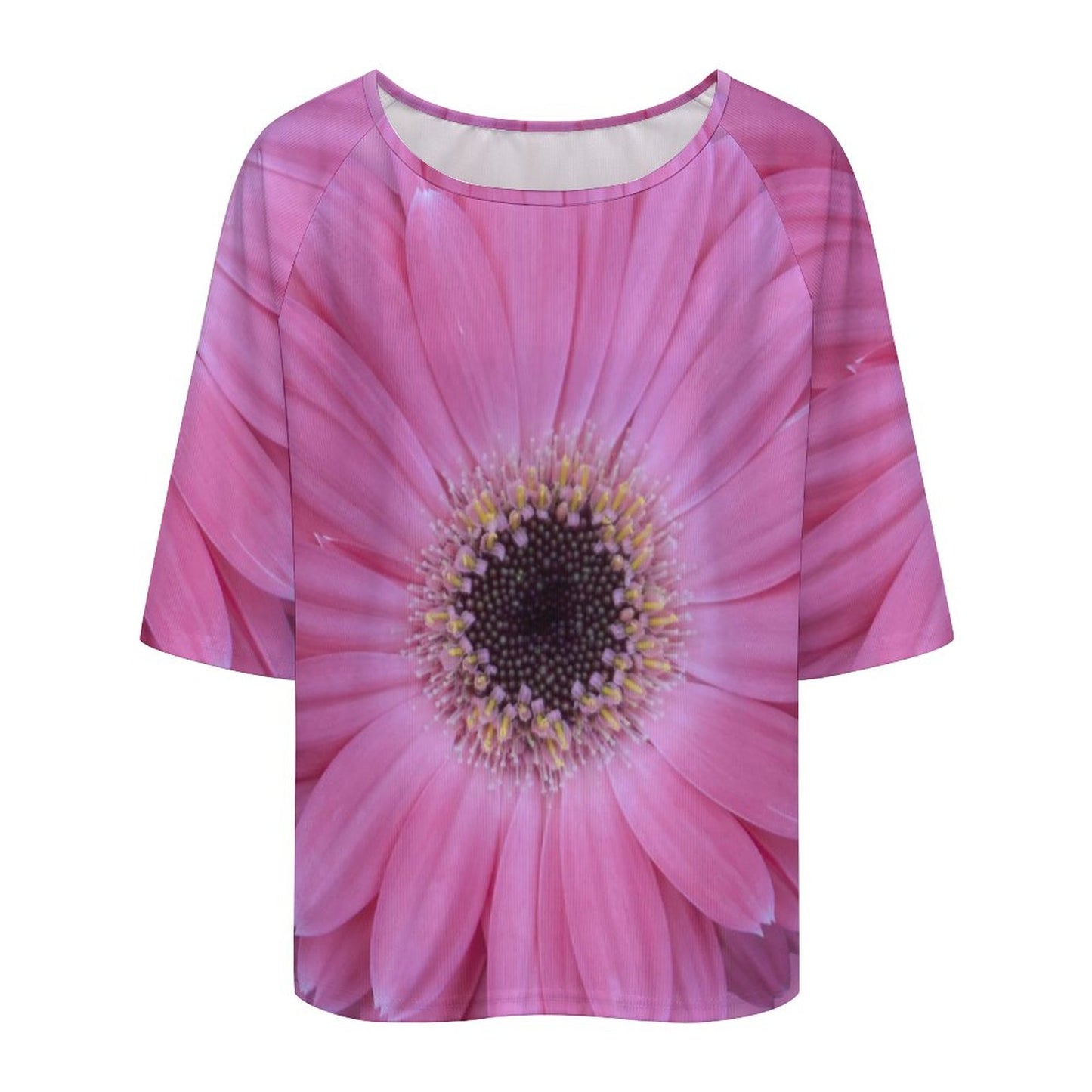 Pink Gerber Daisy Loose-Fit 3/4 Sleeve Boat Neck T-Shirt