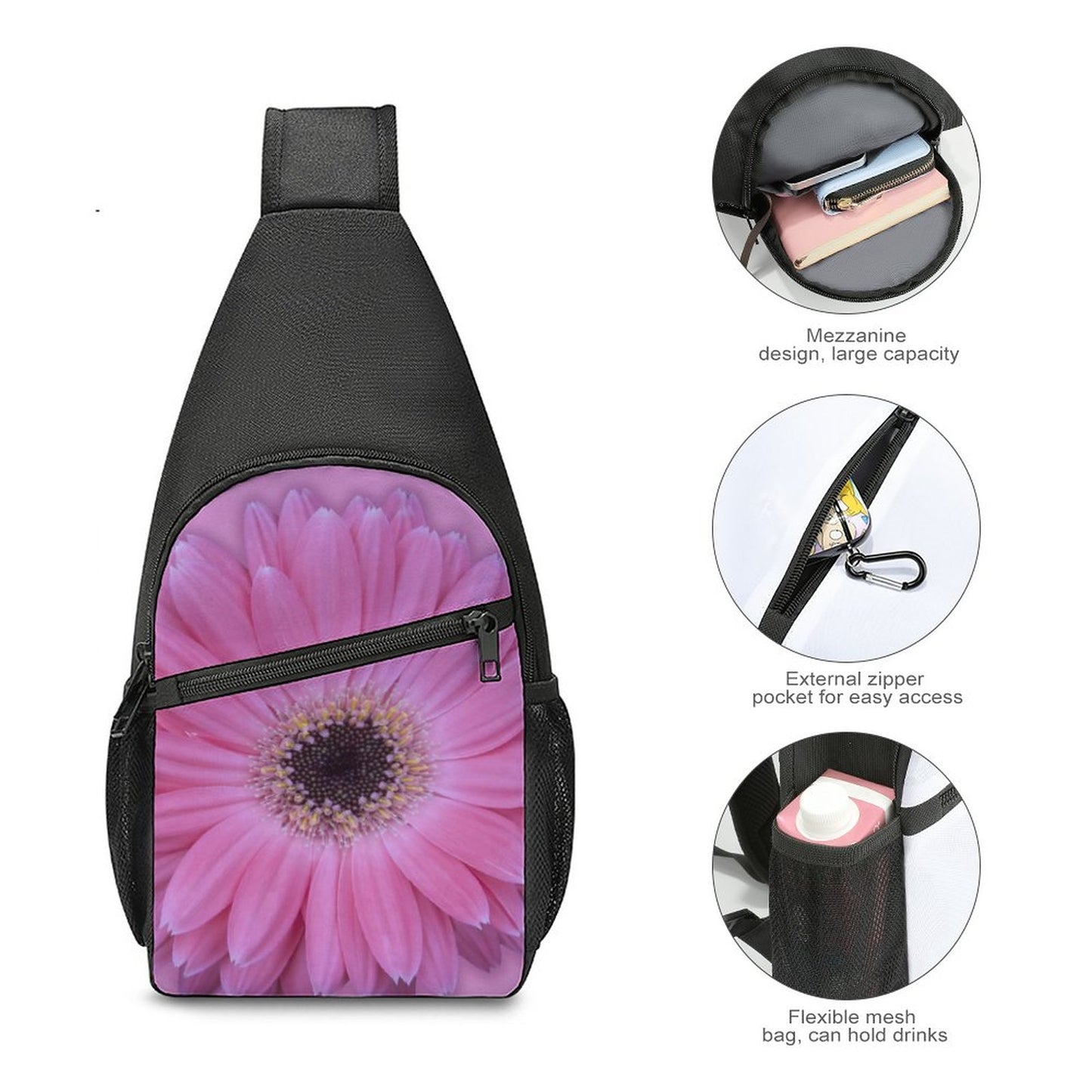 Pink Gerber Daisy Sling Bags with Single Shoulder