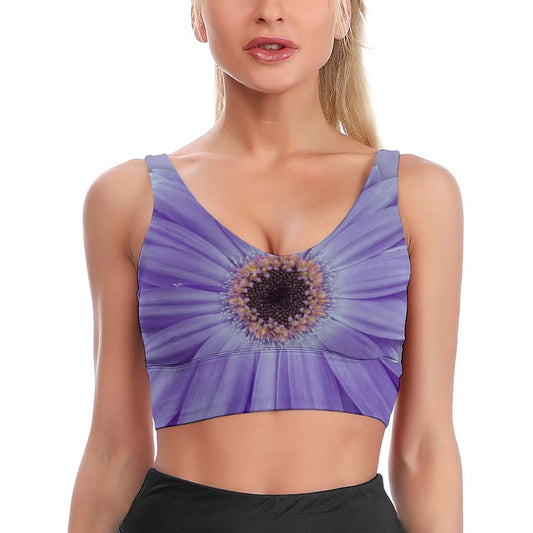 Lilac Gerber Daisy Sports Bra,  Low Cut, Lilac Floral Bra Top, Yoga Top