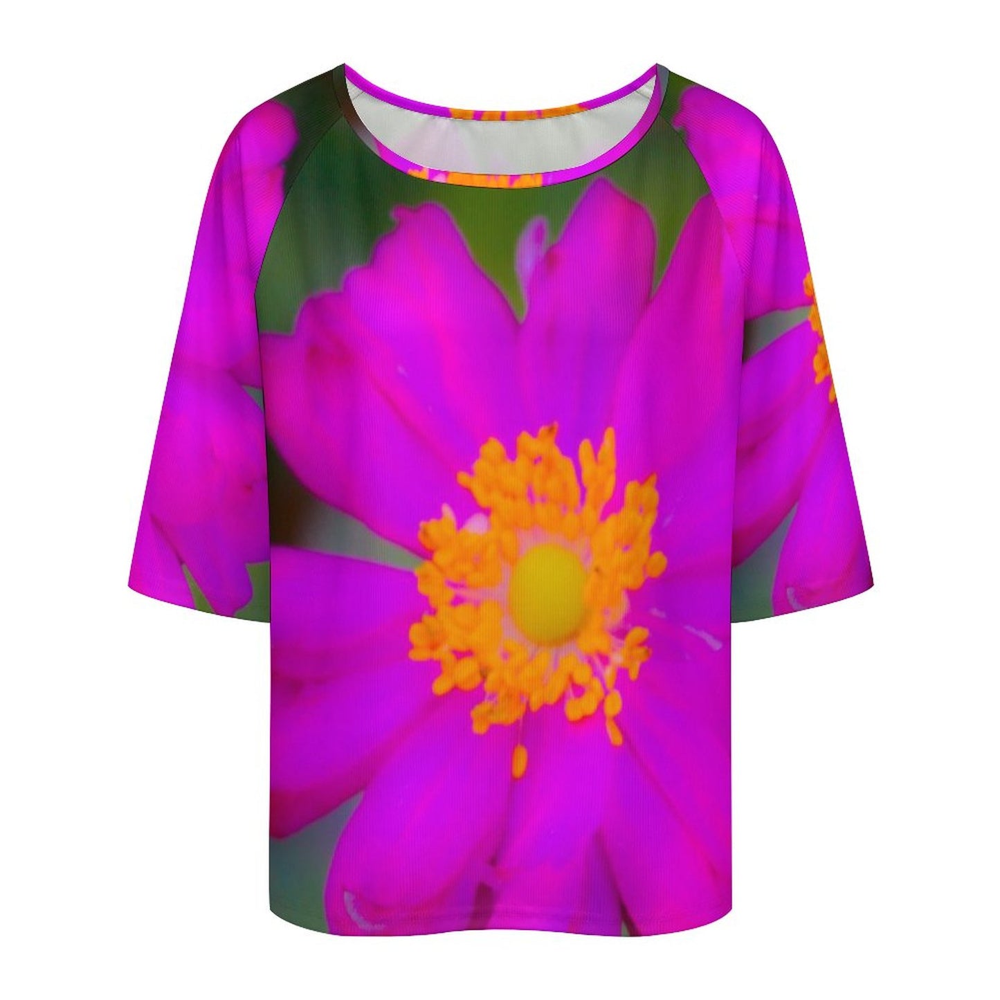 Off The Shoulder Loose-Fit 3/4 Sleeve Boat Neck Pink Floral T-Shirt