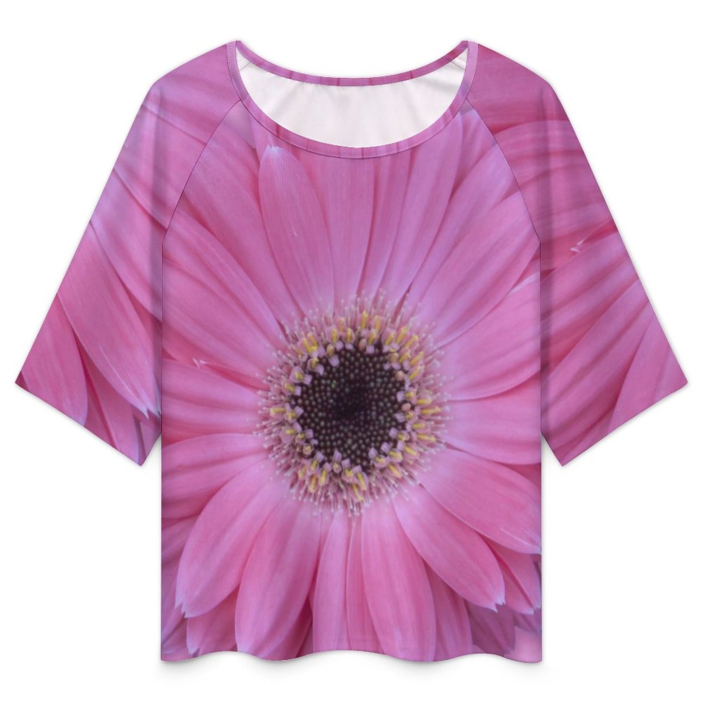 Pink Gerber Daisy Loose-Fit 3/4 Sleeve Boat Neck T-Shirt