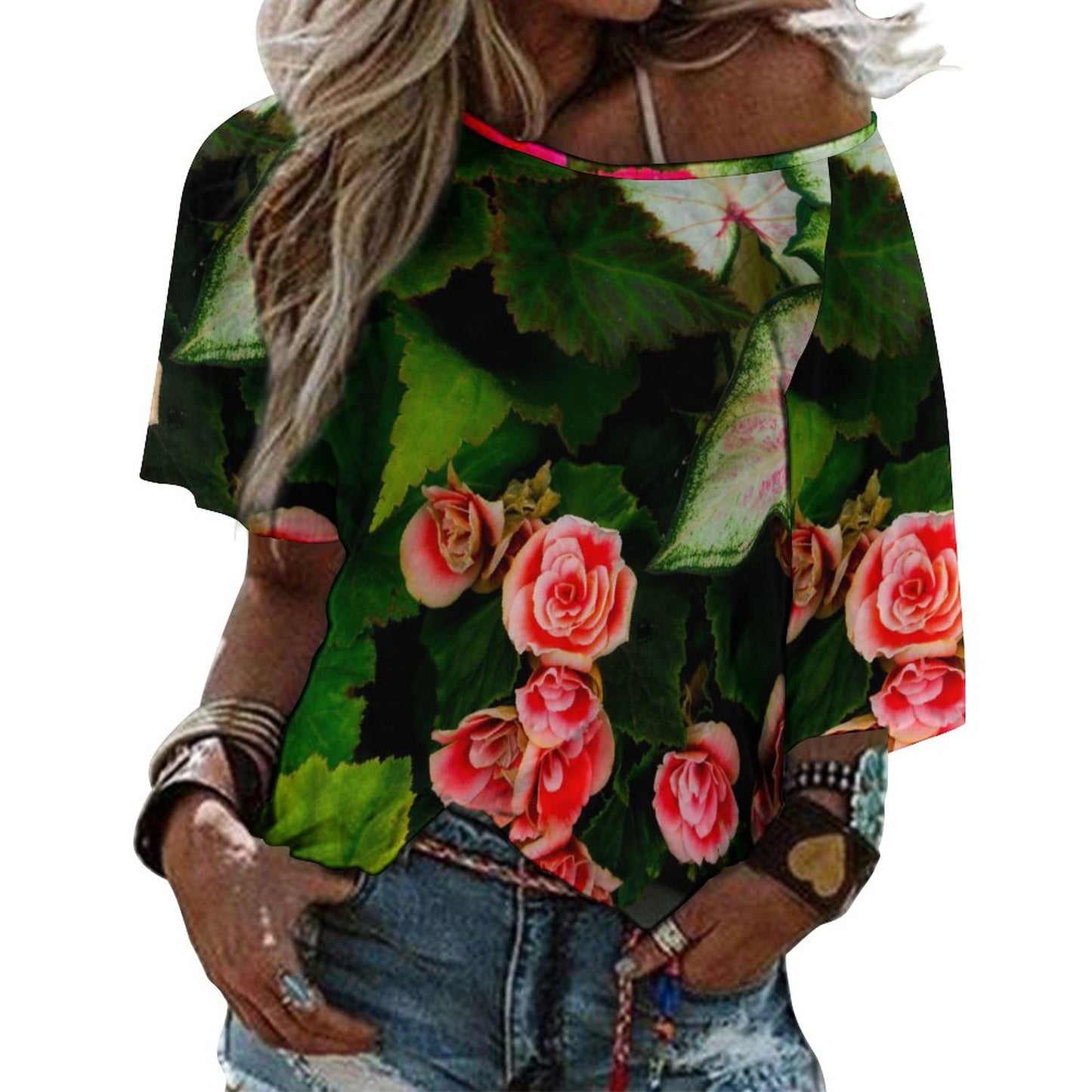 Red Rose Tapestry Floral Loose-Fit Off The Shoulder Boat Neck T-Shirt