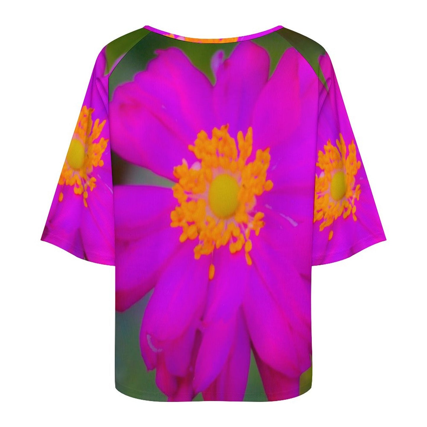 Off The Shoulder Loose-Fit 3/4 Sleeve Boat Neck Pink Floral T-Shirt