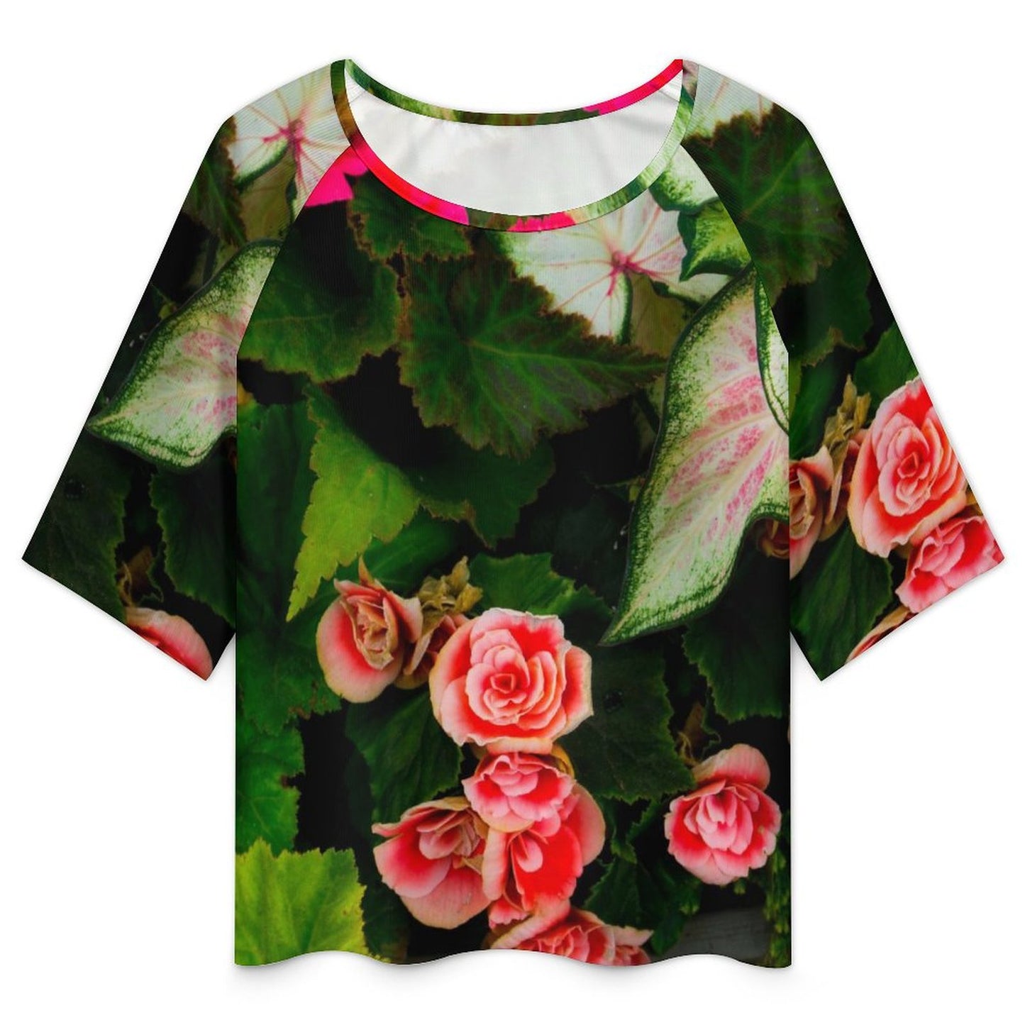 Red Rose Tapestry Floral Loose-Fit Off The Shoulder Boat Neck T-Shirt