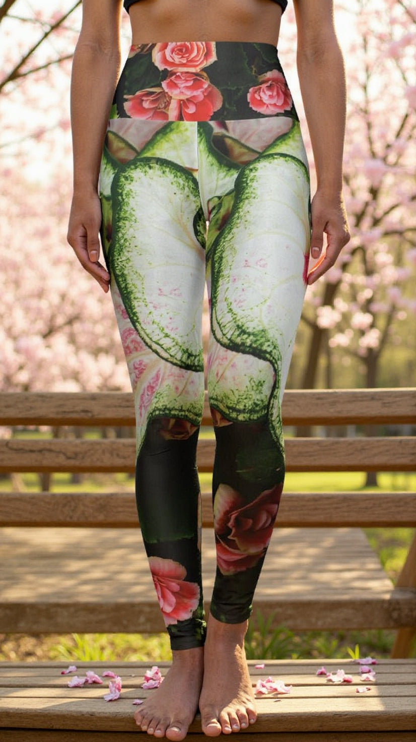 Red Rose Floral Yoga Leggings | High Waisted