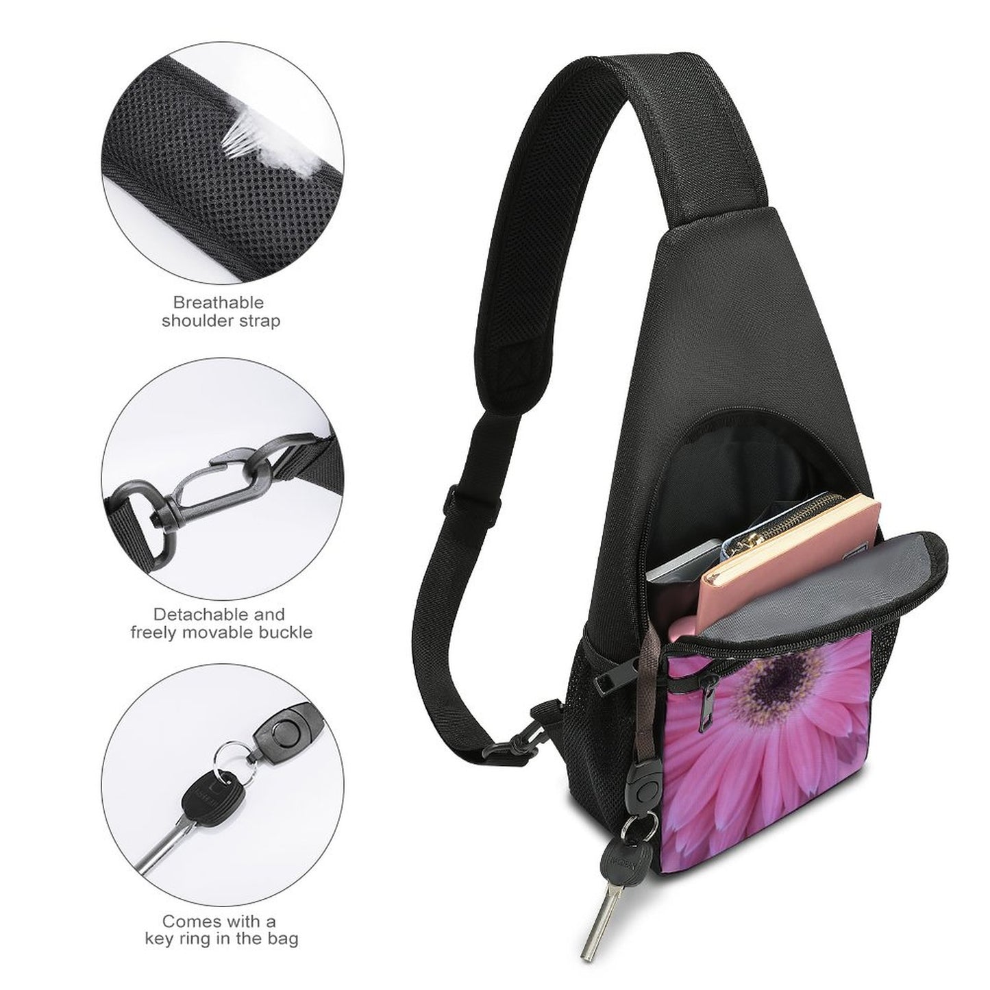 Pink Gerber Daisy Sling Bags with Single Shoulder