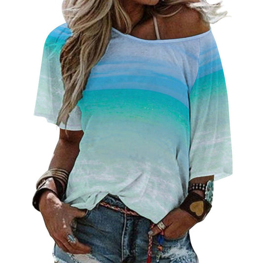 Cotton Candy Sky Aqua Off The Shoulder Flowing Loose-Fit 3/4 Sleeve Boat Neck T-Shirt