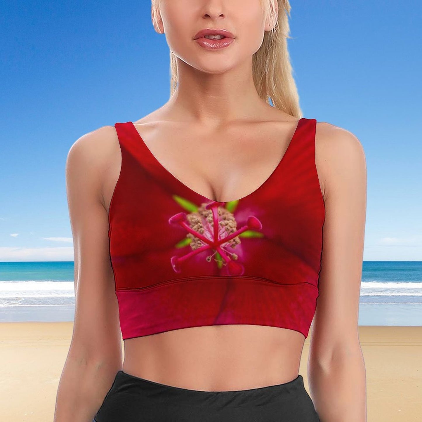 Scarlet Orchid Sports Bra, Ruby Red Bra Top, Floral Yoga Top