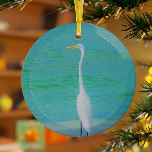 Snow Bird Crane Glass Ornament| Artistic Glass Ornament|Collectible Christmas Ornament| Coastal Christmas Ornament| Great Egret Christmas Ornament| Longboat Key|Nature Ornaments