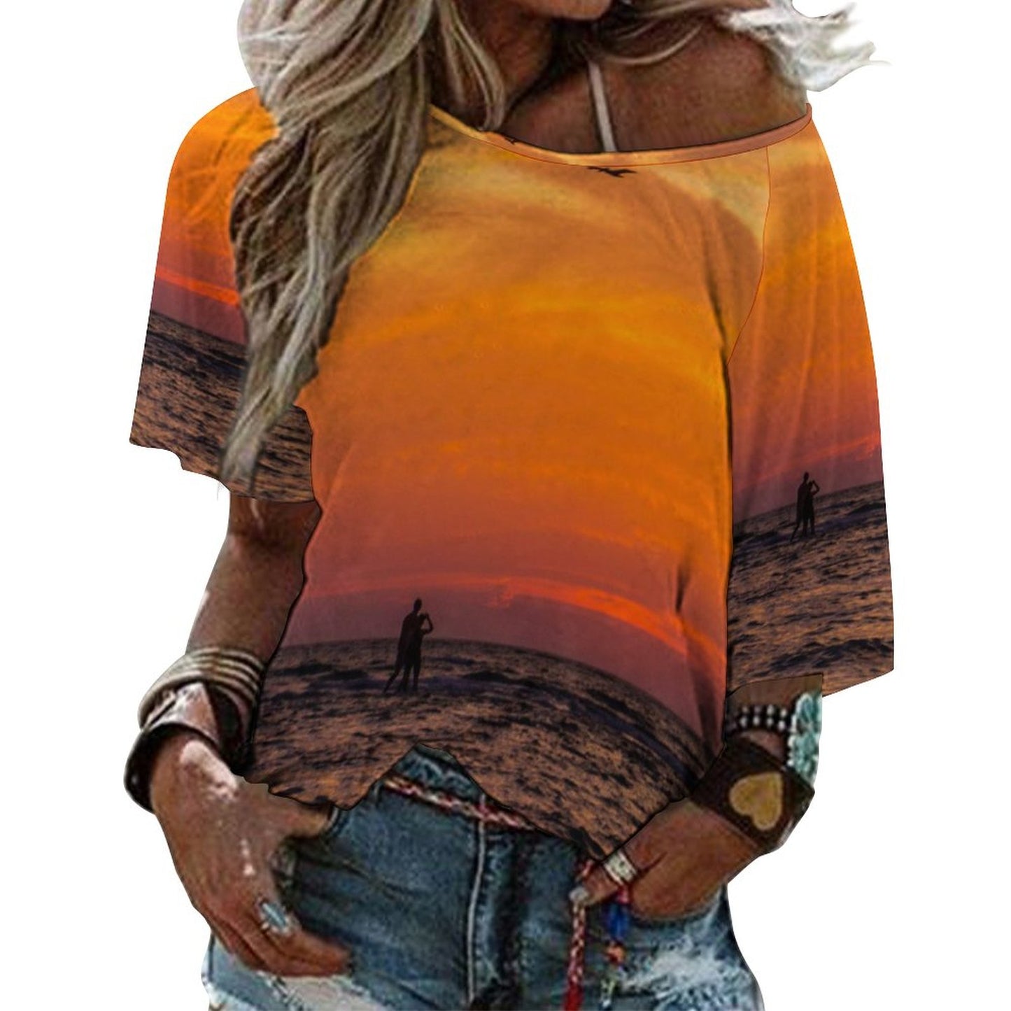 Off The Shoulder Ocean Inspired Loose-Fit 3/4 Sleeve Boat Neck T-Shirt