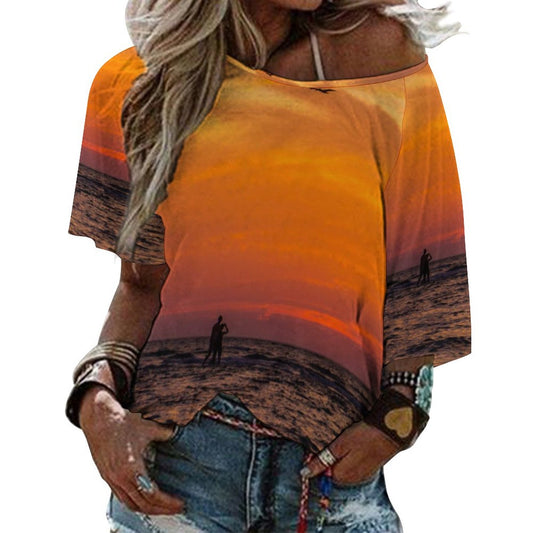 Off The Shoulder Ocean Inspired Loose-Fit 3/4 Sleeve Boat Neck T-Shirt