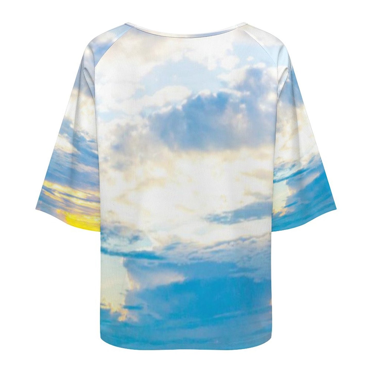 Blue Ice Loose-Fit 3/4 Sleeve Boat Neck T-Shirt Blue Ocean Print