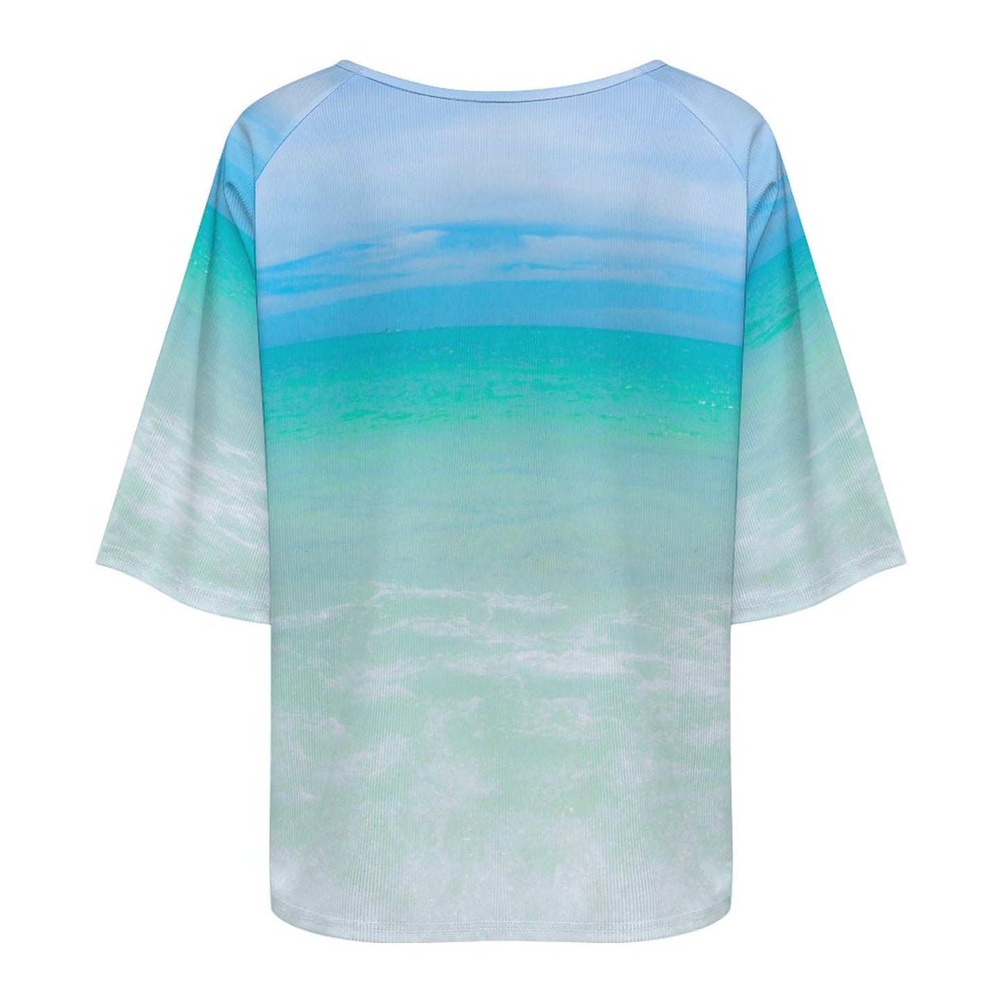 Cotton Candy Sky Aqua Off The Shoulder Flowing Loose-Fit 3/4 Sleeve Boat Neck T-Shirt