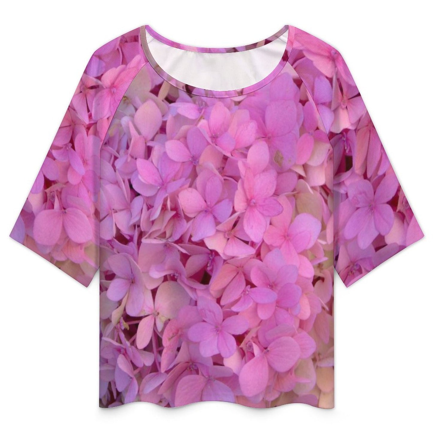 Blush Hydrangea Loose-Fit 3/4 Sleeve Off The Shoulder Boat Neck T-Shirt