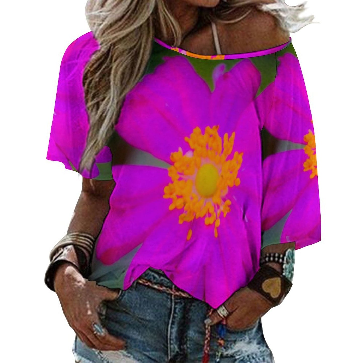 Off The Shoulder Loose-Fit 3/4 Sleeve Boat Neck Pink Floral T-Shirt