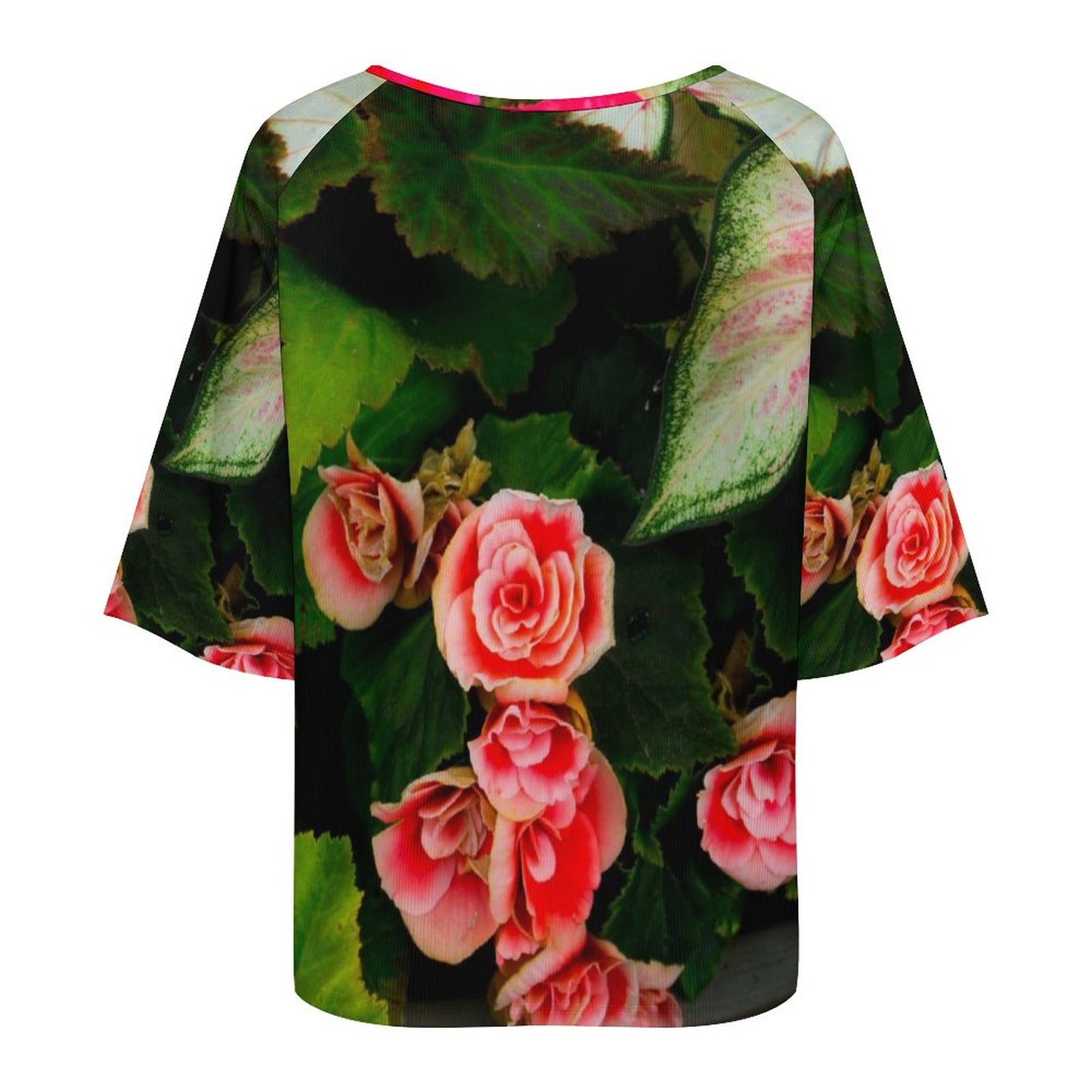 Red Rose Tapestry Floral Loose-Fit Off The Shoulder Boat Neck T-Shirt