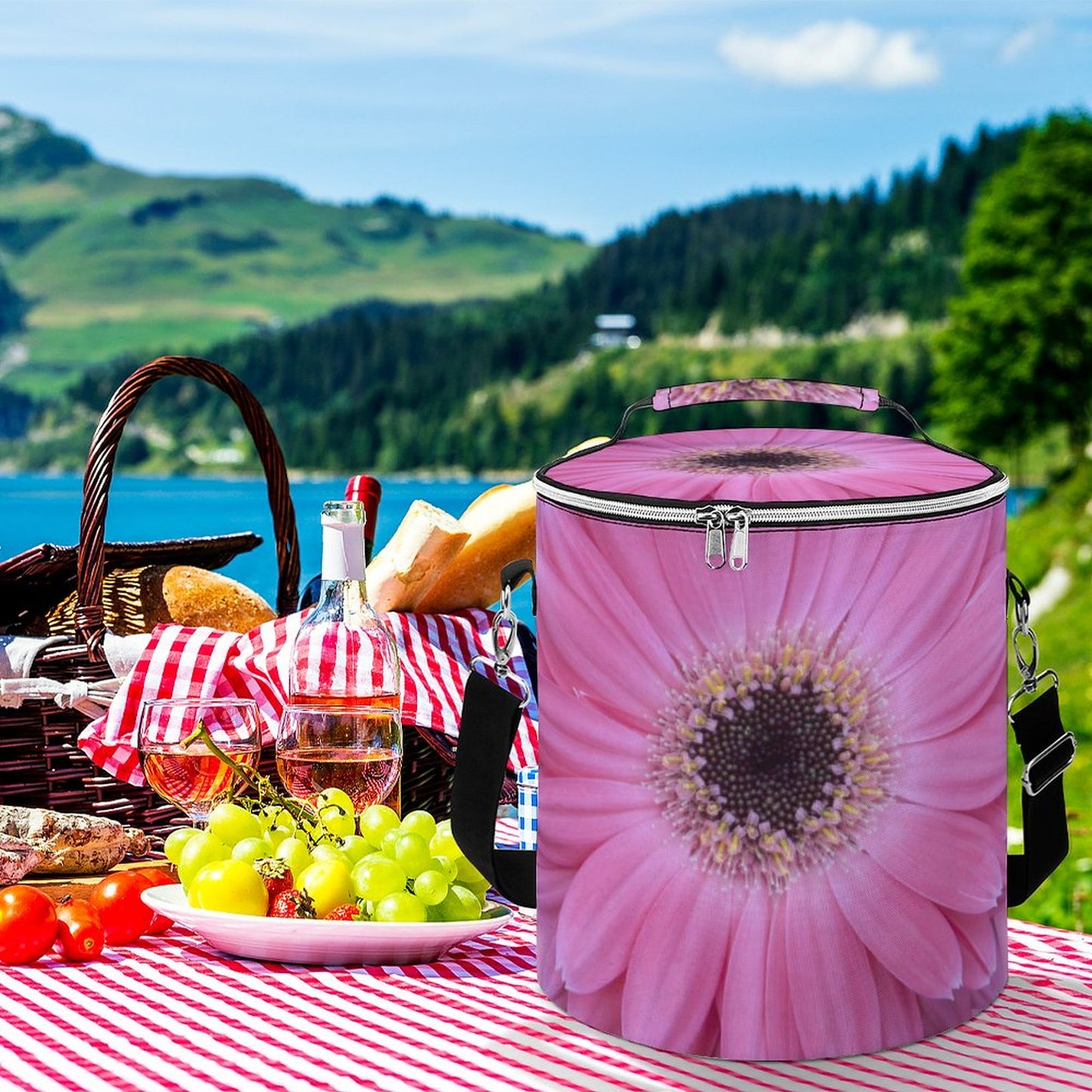 Round Pink Gerber Daisy Collapsible Insulated Cooler Bag with Shoulder Strap
