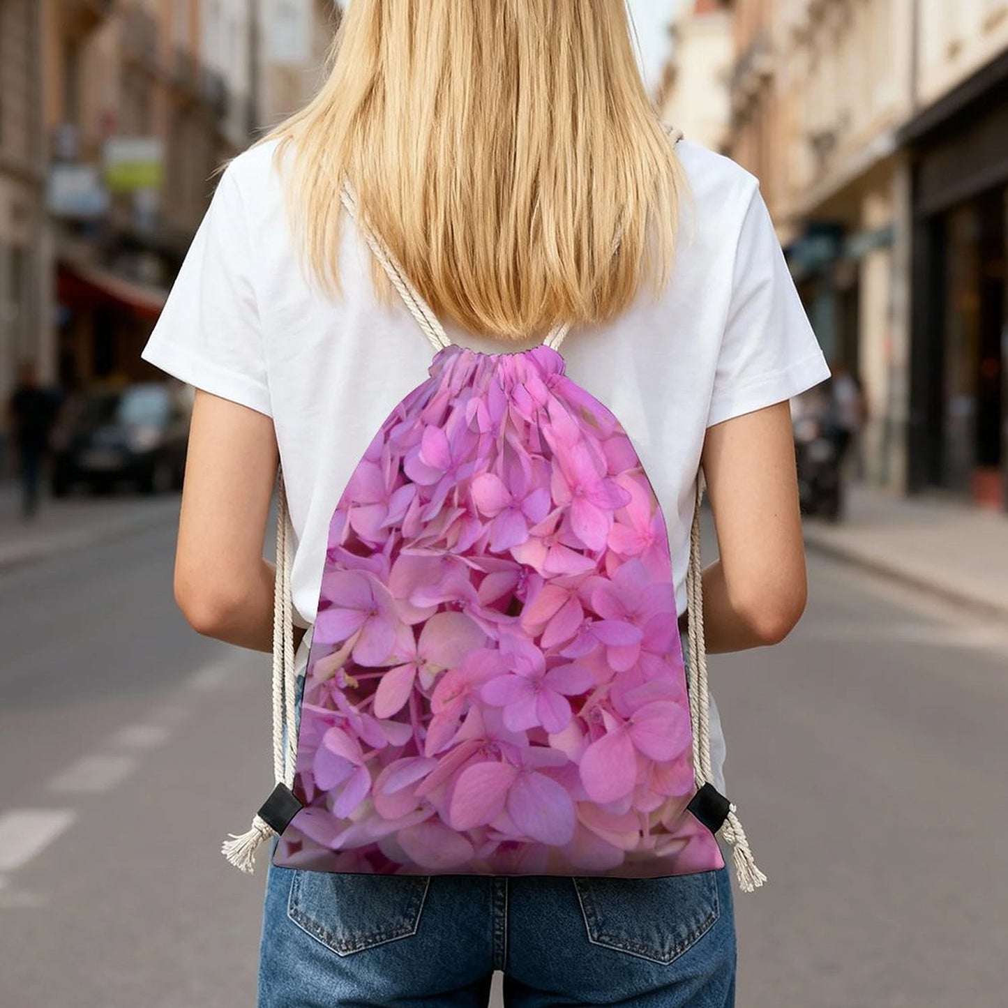 DTG Pink Hydrangea Drawstring Backpack