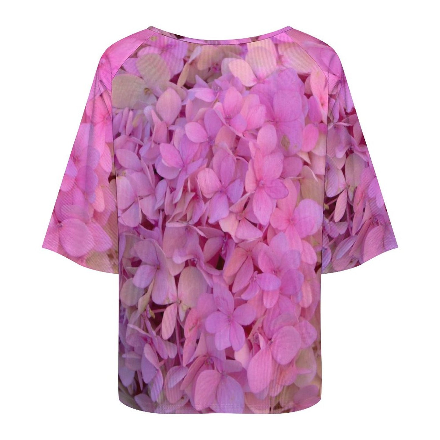 Blush Hydrangea Loose-Fit 3/4 Sleeve Off The Shoulder Boat Neck T-Shirt