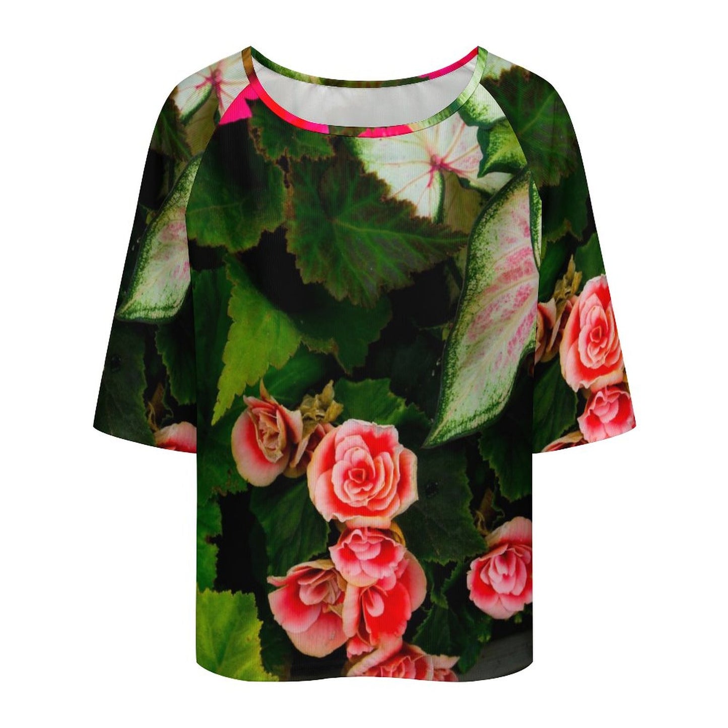 Red Rose Tapestry Floral Loose-Fit Off The Shoulder Boat Neck T-Shirt