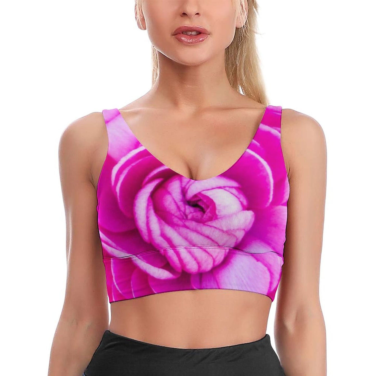 Fuchsia Rose Sports Yoga Bra, Pink Floral Bra Top, Yoga Top, Floral