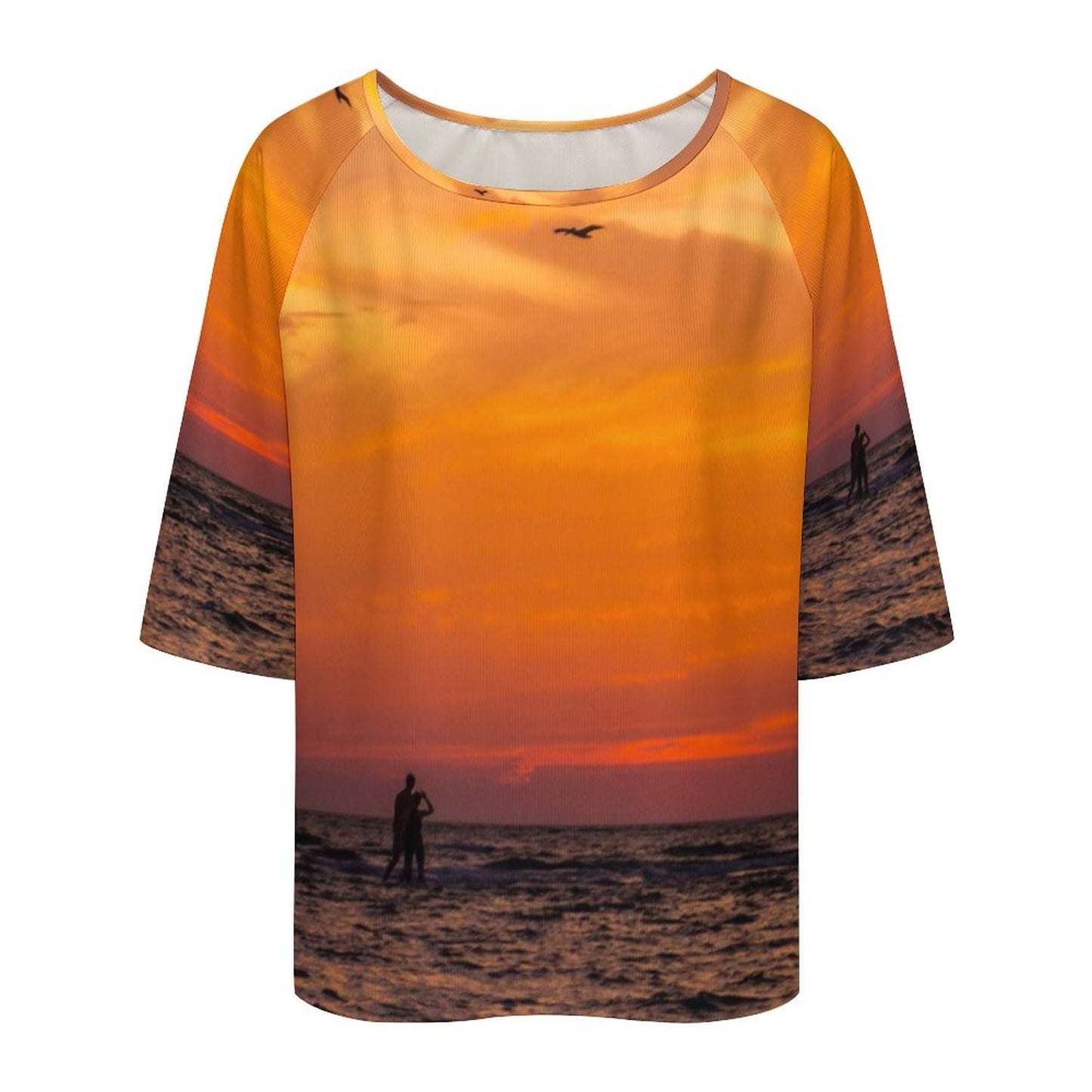 Off The Shoulder Ocean Inspired Loose-Fit 3/4 Sleeve Boat Neck T-Shirt