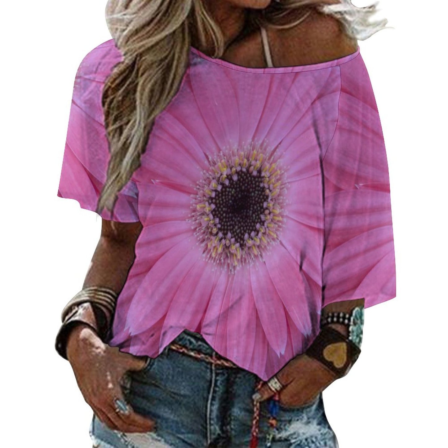 Pink Gerber Daisy Loose-Fit 3/4 Sleeve Boat Neck T-Shirt