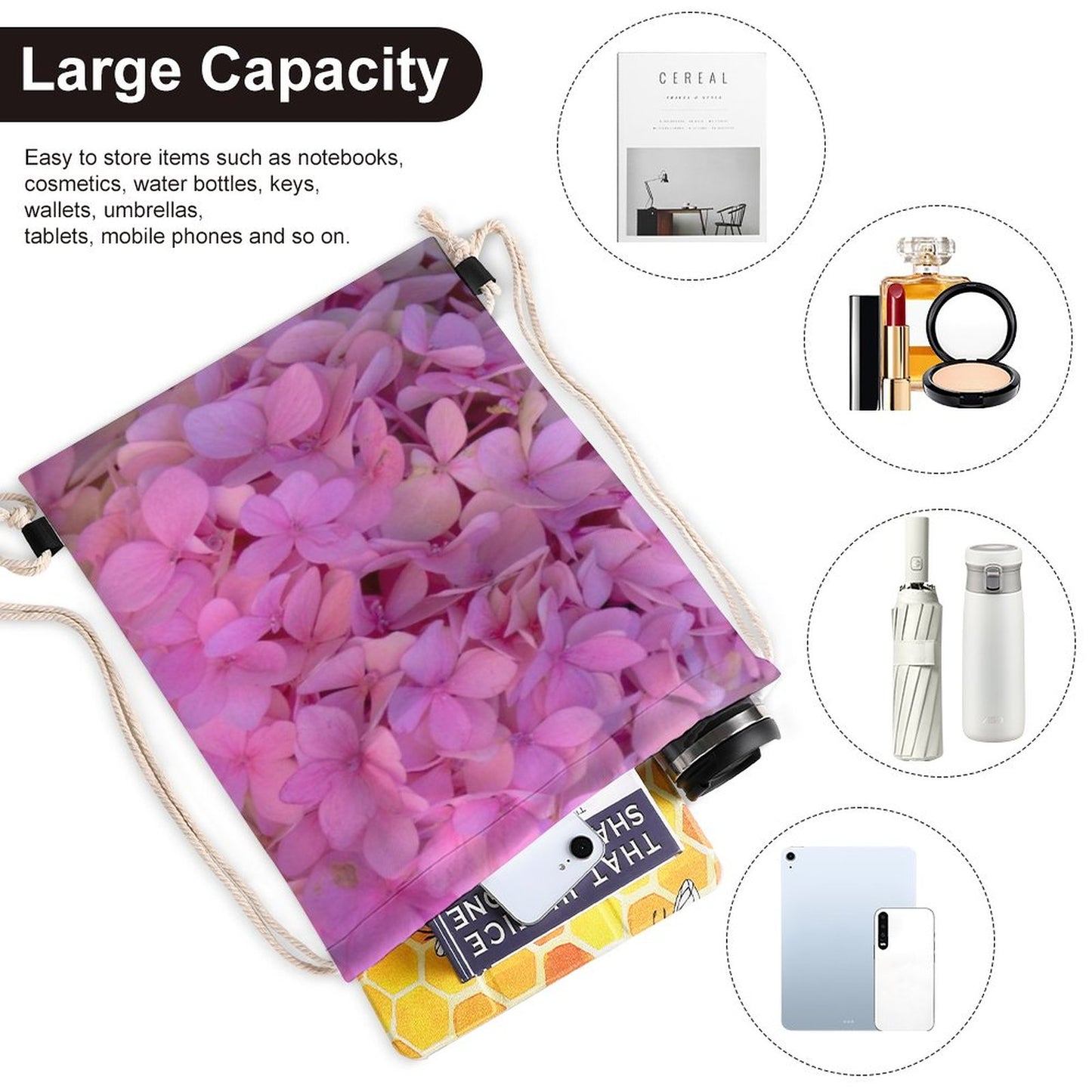 DTG Pink Hydrangea Drawstring Backpack