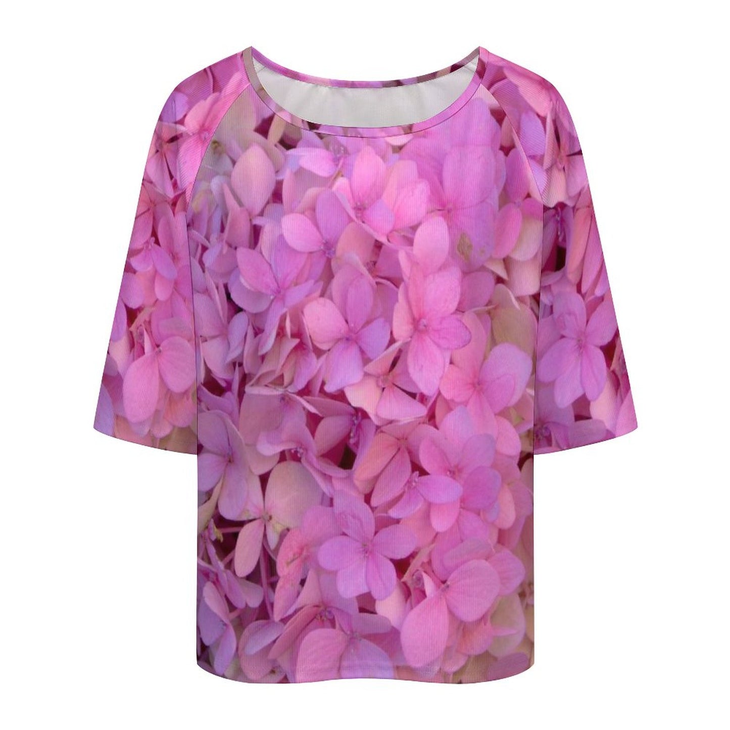 Blush Hydrangea Loose-Fit 3/4 Sleeve Off The Shoulder Boat Neck T-Shirt