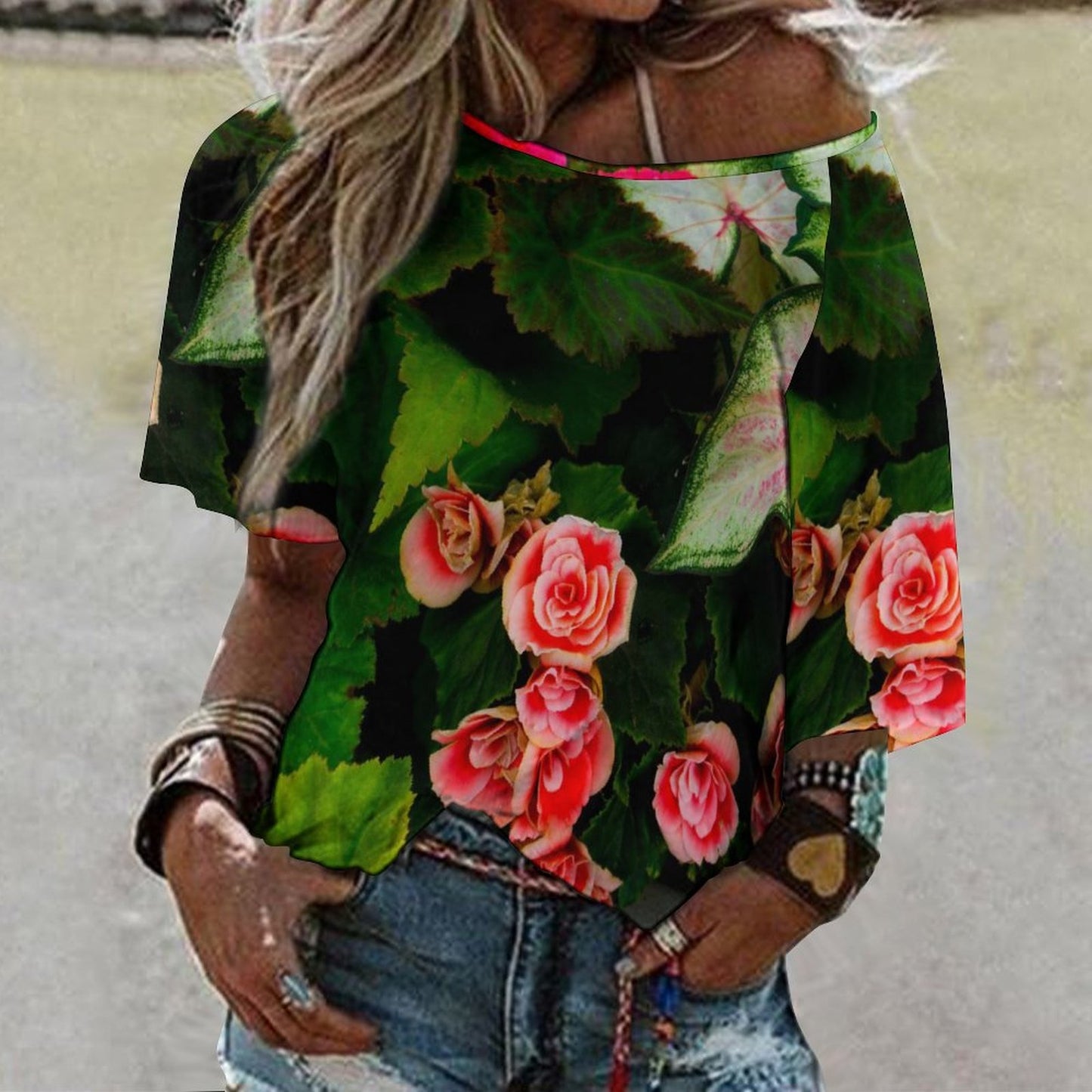 Red Rose Tapestry Floral Loose-Fit Off The Shoulder Boat Neck T-Shirt