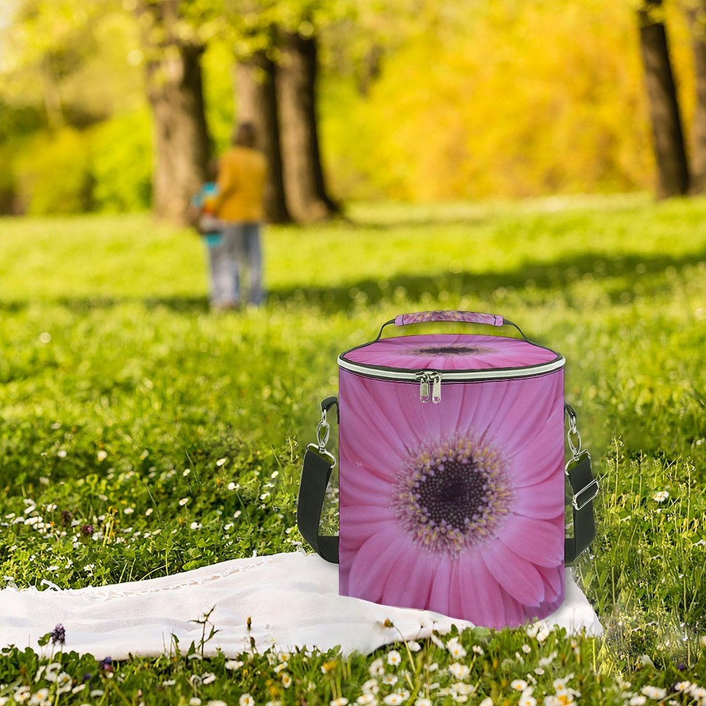 Round Pink Gerber Daisy Collapsible Insulated Cooler Bag with Shoulder Strap