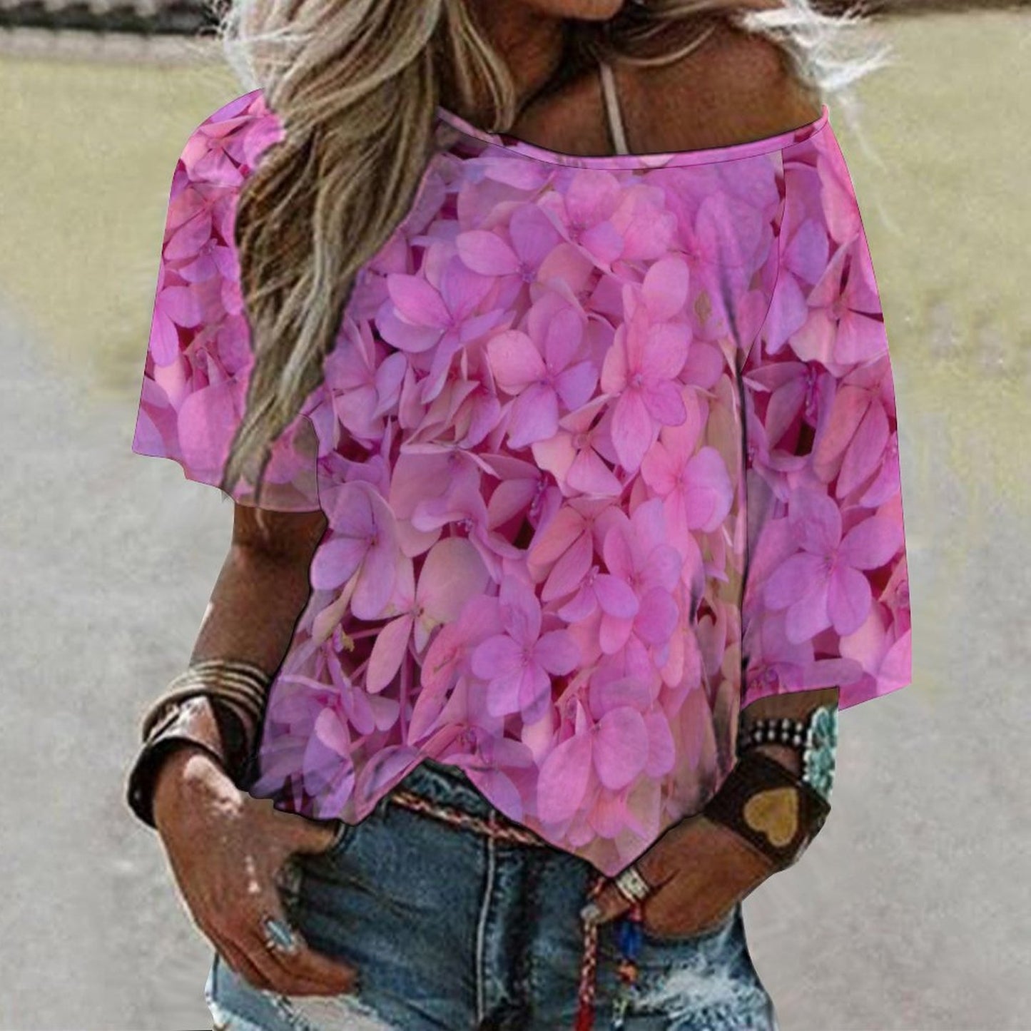 Blush Hydrangea Loose-Fit 3/4 Sleeve Off The Shoulder Boat Neck T-Shirt