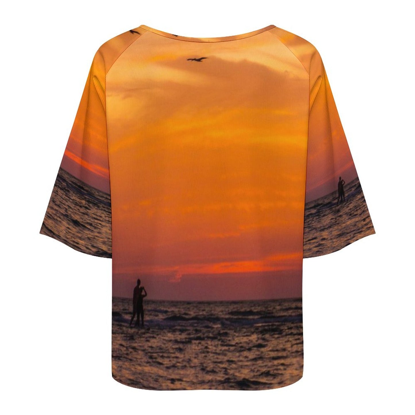Off The Shoulder Ocean Inspired Loose-Fit 3/4 Sleeve Boat Neck T-Shirt