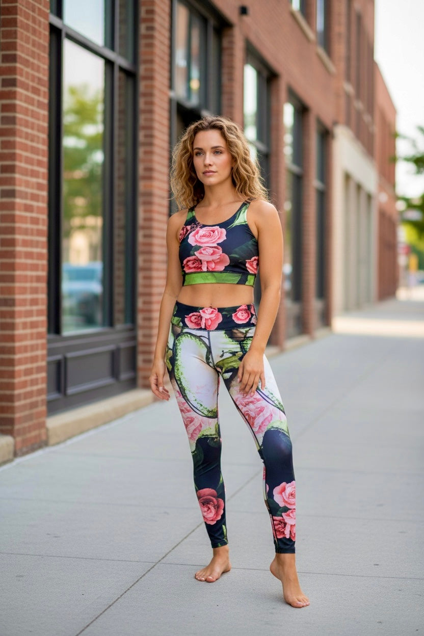 Red Rose Floral Yoga Leggings | High Waisted