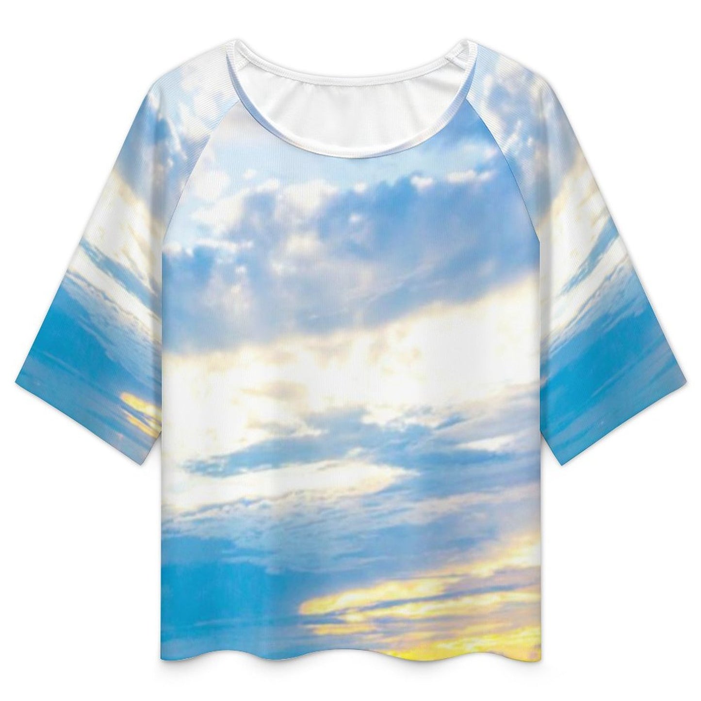Blue Ice Loose-Fit 3/4 Sleeve Boat Neck T-Shirt Blue Ocean Print
