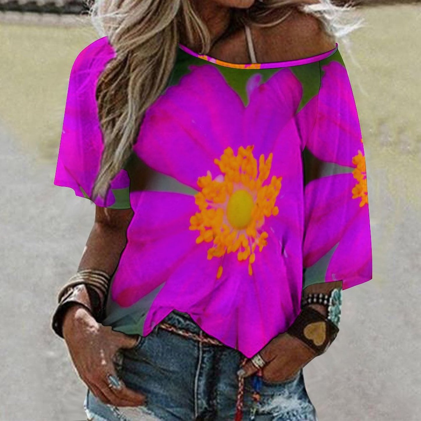 Off The Shoulder Loose-Fit 3/4 Sleeve Boat Neck Pink Floral T-Shirt