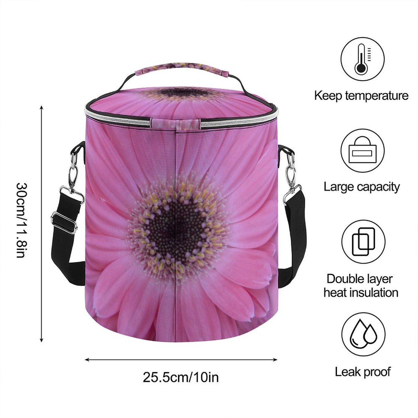 Round Pink Gerber Daisy Collapsible Insulated Cooler Bag with Shoulder Strap
