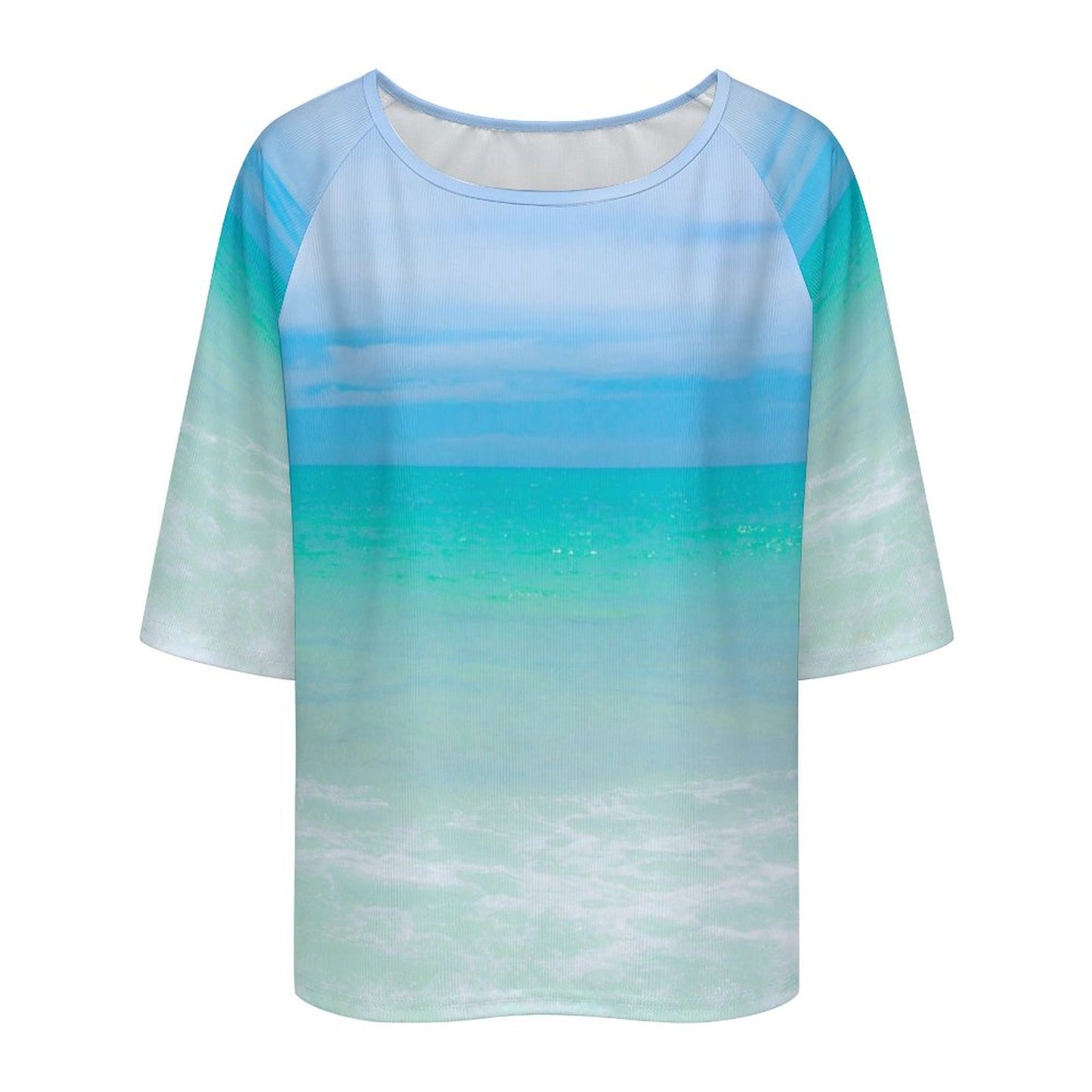 Cotton Candy Sky Aqua Off The Shoulder Flowing Loose-Fit 3/4 Sleeve Boat Neck T-Shirt