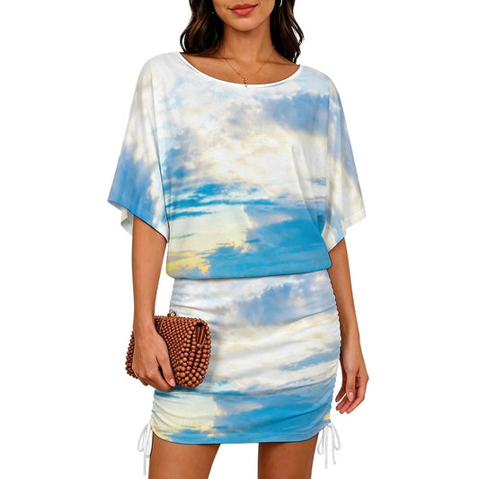 Blue Ice 180gsm Bat Sleeve Dress For Women Off The Shoulder Ocean Inspired Dress