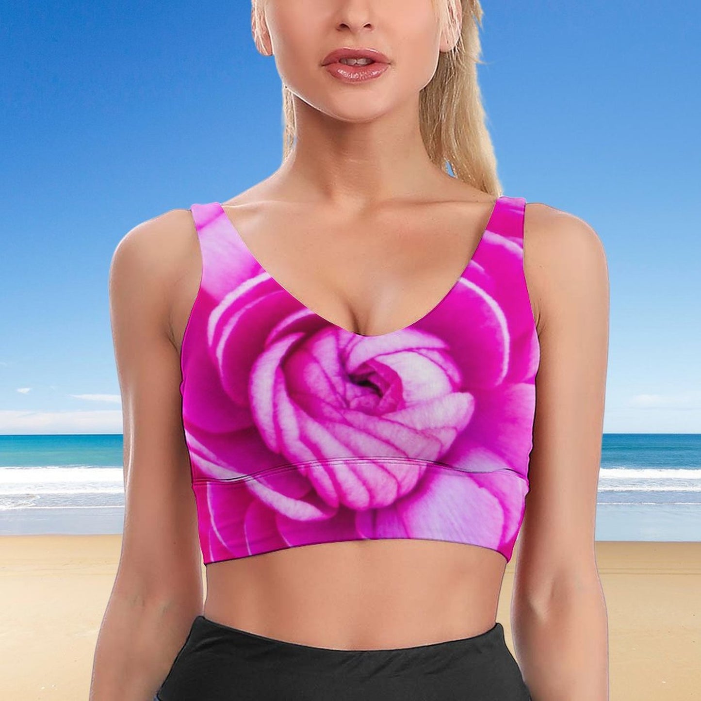 Fuchsia Rose Sports Yoga Bra, Pink Floral Bra Top, Yoga Top, Floral