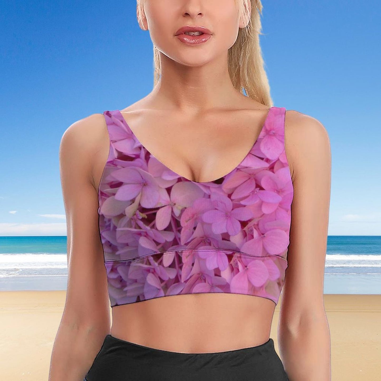 Blush Hydrangea Floral Sports Yoga Bra