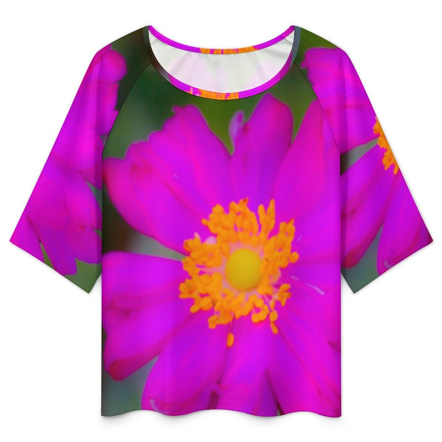 Off The Shoulder Loose-Fit 3/4 Sleeve Boat Neck Pink Floral T-Shirt