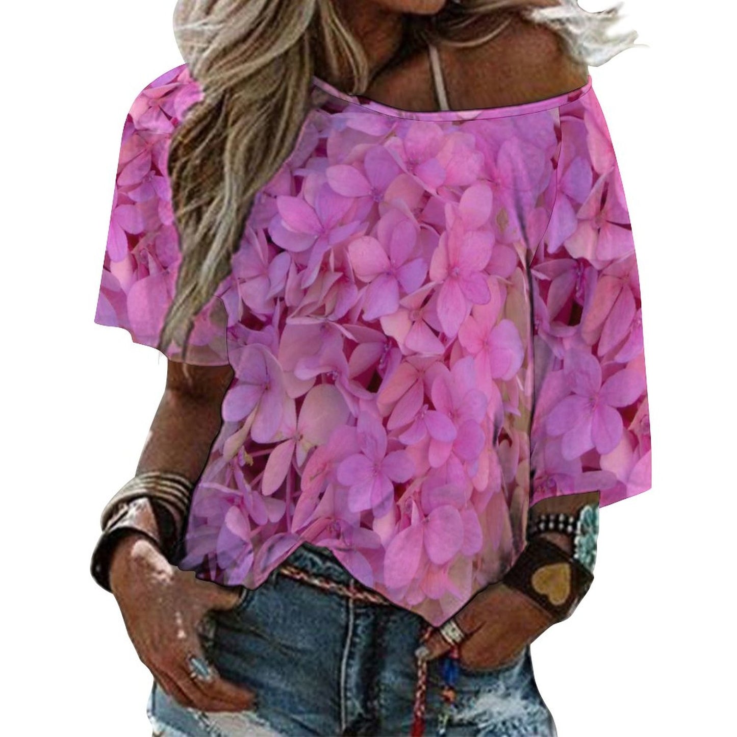 Blush Hydrangea Loose-Fit 3/4 Sleeve Off The Shoulder Boat Neck T-Shirt