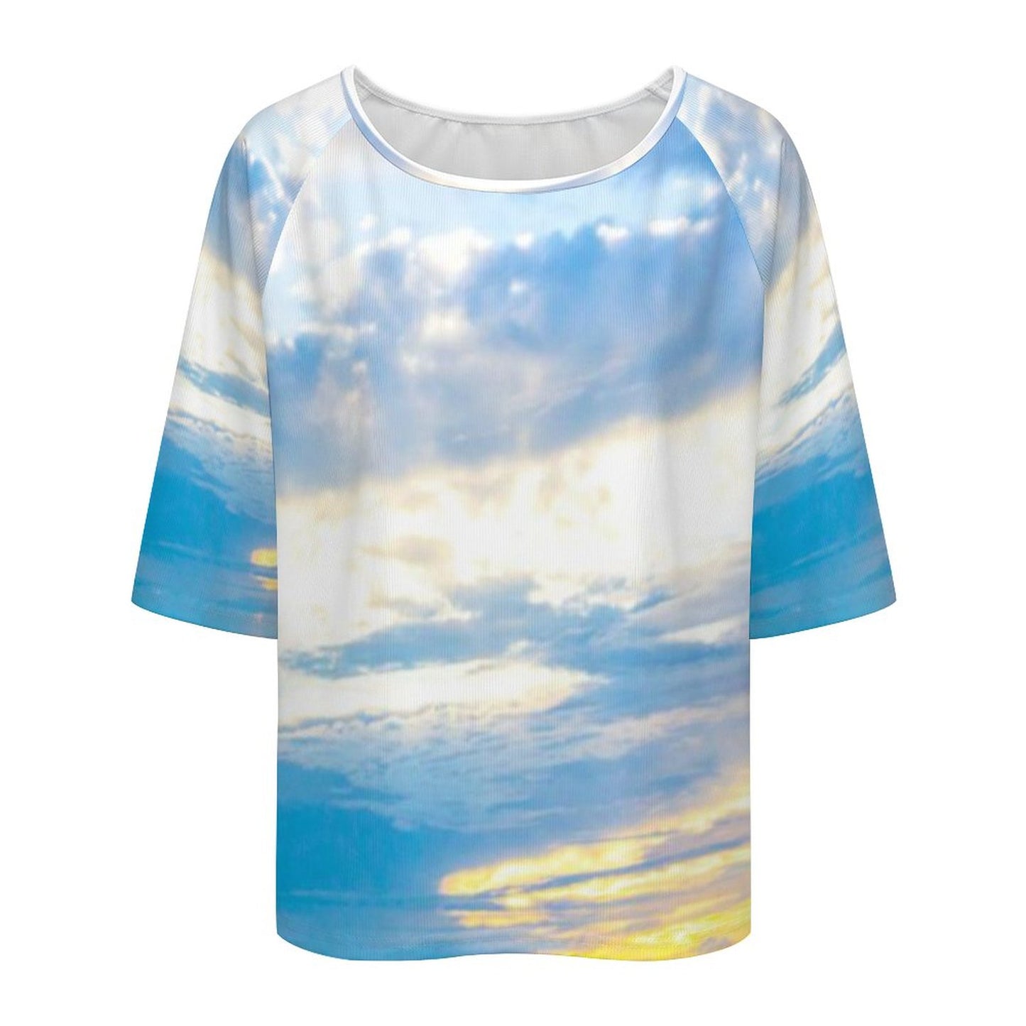 Blue Ice Loose-Fit 3/4 Sleeve Boat Neck T-Shirt Blue Ocean Print
