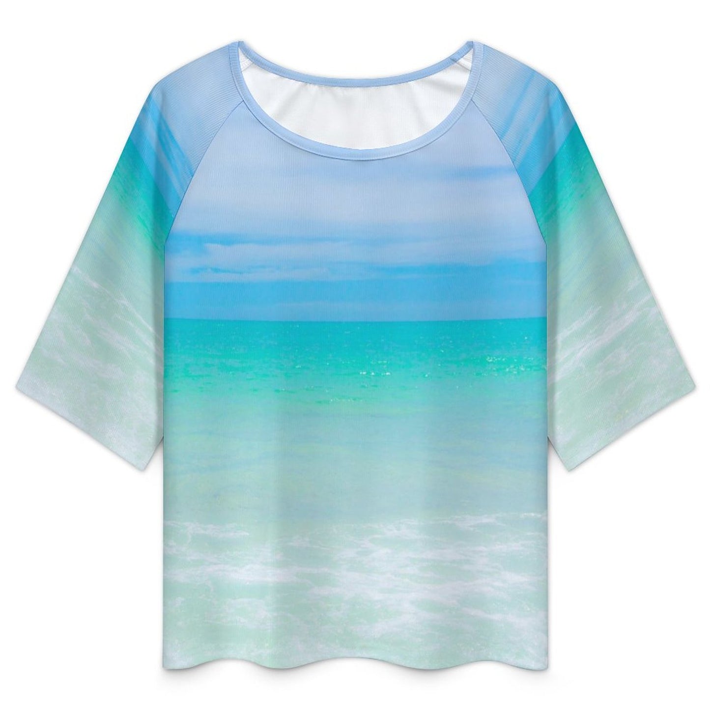 Cotton Candy Sky Aqua Off The Shoulder Flowing Loose-Fit 3/4 Sleeve Boat Neck T-Shirt