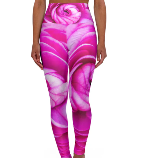 Pink Poppy Floral Yoga Leggings: High Waisted Skinny Fit - Martha's Vineyard Design