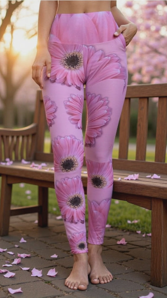 Pink Gerber Daisy High Waisted Yoga Leggings